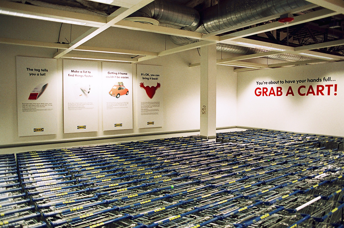 Rows of Ikea shopping carts